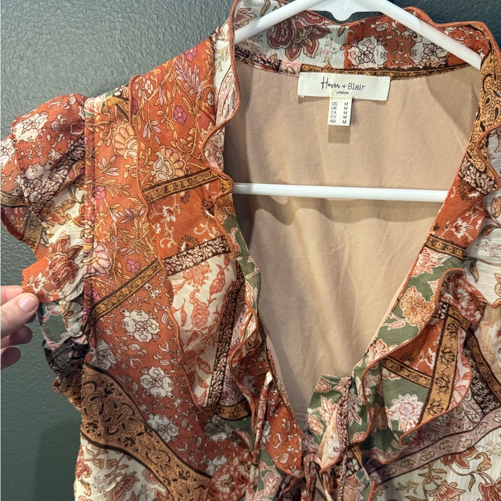Tie-Front Ruffle Patchwork Blouse in Rust Multi - Picture 2 of 7